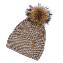 Load image into Gallery viewer, Ladies Winter Beanie Knitted Hat Real Large Raccoon Fur Pom Pom Caps Skullies Camel