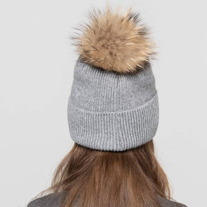 Women Knit Angora Beanie Hat Winter Ski with Raccoon Fur Pompom Light Grey