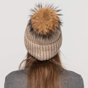 Ladies Winter Beanie Knitted Hat Real Large Raccoon Fur Pom Pom Caps Skullies Camel