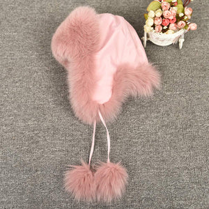 Women Winter Real Fox Fur Bomber Hat Pink Snow Skiing Caps Beanie Earflap