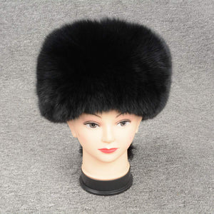 Winter Women Real Fox Fur Trapper Hat Russian Caps with Pompom Black