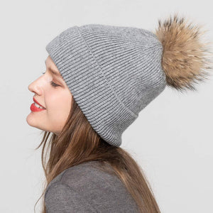 Women Knit Angora Beanie Hat Winter Ski with Raccoon Fur Pompom Light Grey