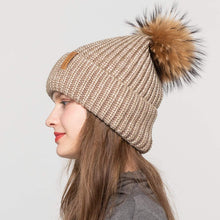 Load image into Gallery viewer, Ladies Winter Beanie Knitted Hat Real Large Raccoon Fur Pom Pom Caps Skullies Camel