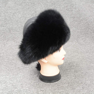 Winter Women Real Fox Fur Trapper Hat Russian Caps with Pompom Black