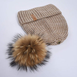 Ladies Winter Beanie Knitted Hat Real Large Raccoon Fur Pom Pom Caps Skullies Camel