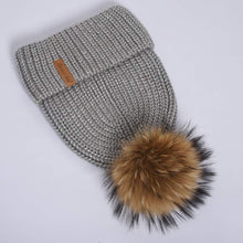 Load image into Gallery viewer, Ladies Winter Beanie Knitted Hat with Real Raccoon Fur Pom Pom Caps Grey