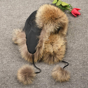 Real Raccoon Fur Bomber Hat Ushanka Trapper Beanie Earflap Caps