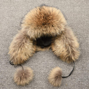 Real Raccoon Fur Bomber Hat Ushanka Trapper Beanie Earflap Caps