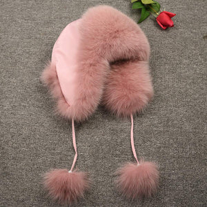 Women Winter Real Fox Fur Bomber Hat Pink Snow Skiing Caps Beanie Earflap