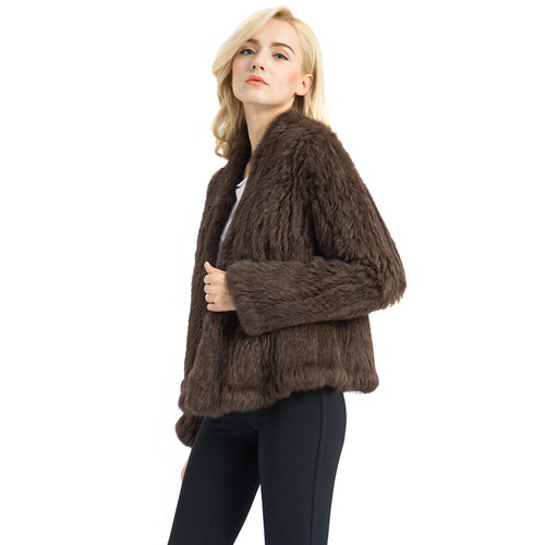 Women's Thick Knitted Real Rabbit Fur Jacket Warm Coat Coffee