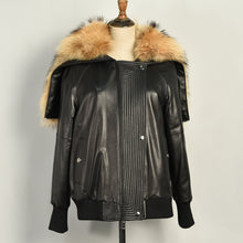 Load image into Gallery viewer, Women Black Hooded Down Coat Leather Jacket Raccoon Fur Collar Outwear