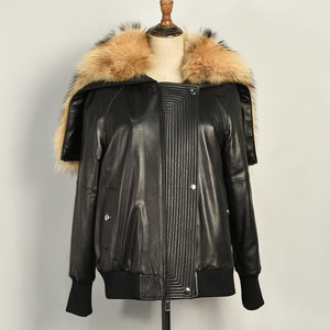 Women Black Hooded Down Coat Leather Jacket Raccoon Fur Collar Outwear