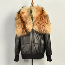 Load image into Gallery viewer, Women Black Hooded Down Coat Leather Jacket Raccoon Fur Collar Outwear