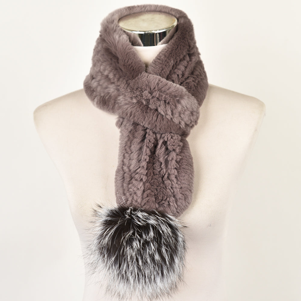 Rex Rabbit Fur Scarves With Silver Fox Pompom Women Winter Fur Shawl Mocca  Muffler
