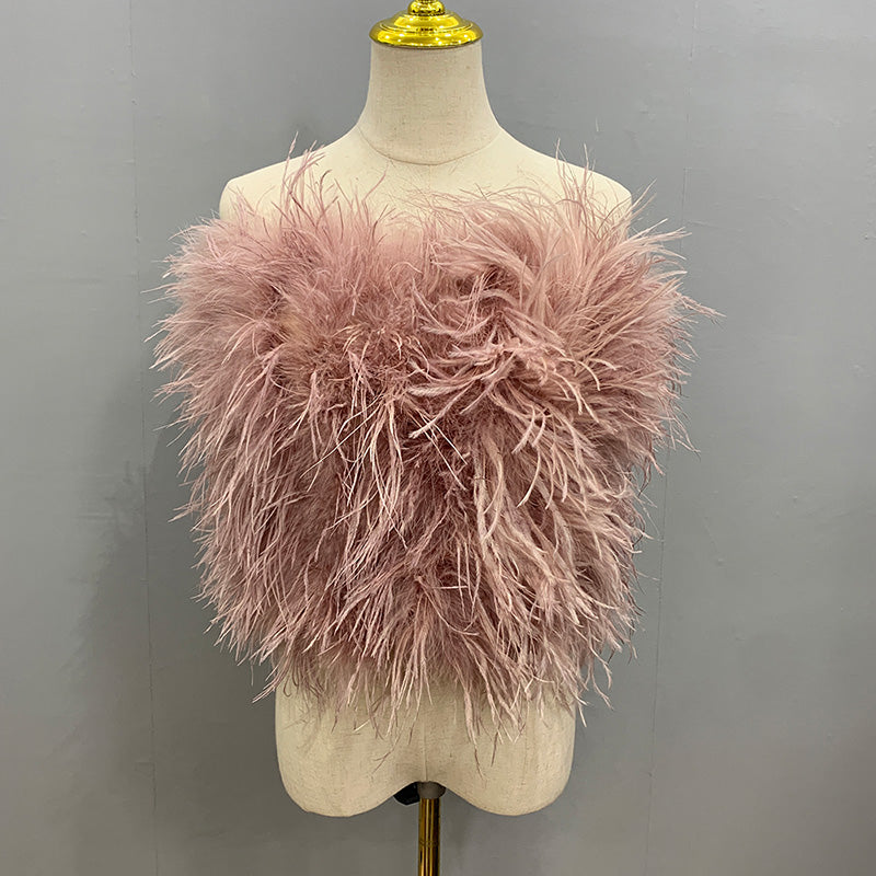 Ostrich Feathers Trimmed Off Shoulder Top in Baby Pink - Ivan