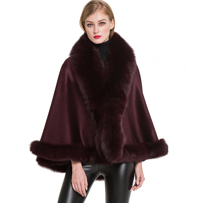 Women Real Fox Fur Poncho Cashmere Capes Winter Wine Red Cloak