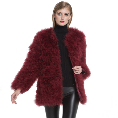 Women Real Fur Coat Long Style Genuine Ostrich Feather Fur Jacket Wine Red