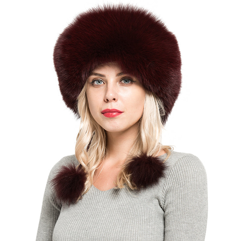 Real Fox Fur Lady Winter Wine Red Bomber Hats Big Fur Caps