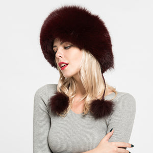 Real Fox Fur Lady Winter Wine Red Bomber Hats Big Fur Caps