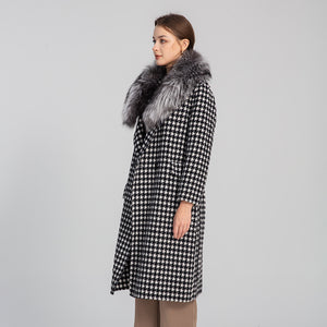 Winter Women Real Fox Fur Collar Trench Coat Houndstooth Long Wool Jacket