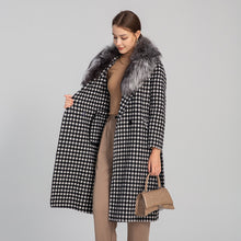 Load image into Gallery viewer, Winter Women Real Fox Fur Collar Trench Coat Houndstooth Long Wool Jacket