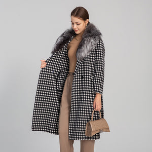 Winter Women Real Fox Fur Collar Trench Coat Houndstooth Long Wool Jacket