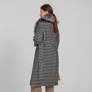 Winter Women Real Fox Fur Collar Trench Coat Houndstooth Long Wool Jacket