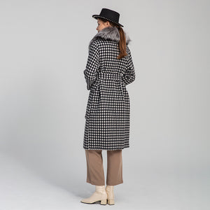 Winter Women Real Fox Fur Collar Trench Coat Houndstooth Long Wool Jacket