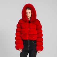 Load image into Gallery viewer, Women Four Rows Fox Fur Coat With Hood Full Sleeves