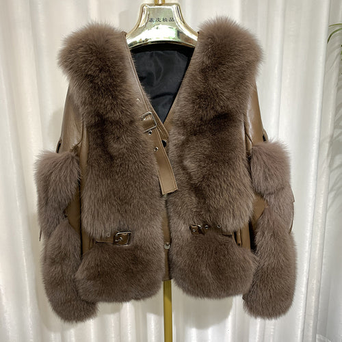 Winter Luxury Women Fox Fur Coats Genuine Sheepskin Leather Jackets