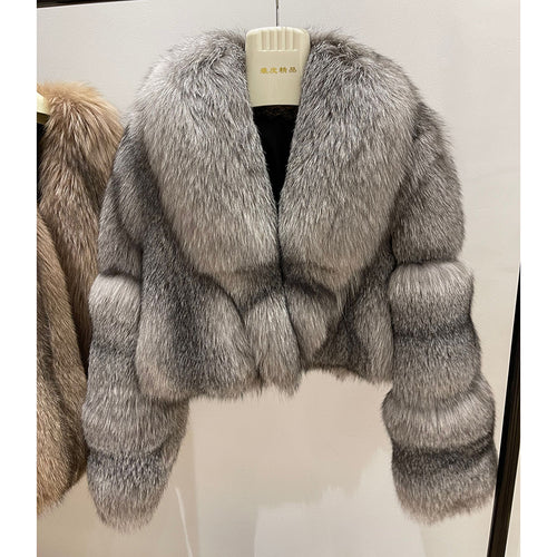 Women Luxury Silver Fox Fur Jacket Winter Warm Luxury Coat