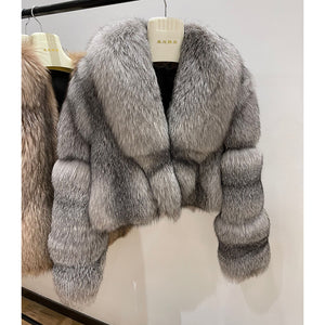 Women Luxury Silver Fox Fur Jacket Winter Warm Luxury Coat