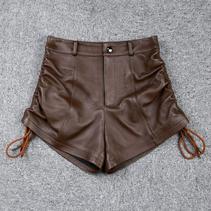 Lady Leather Shorts High Waist Sheepskin Leather Pants Design Straps Tie Simple 2022 Autumn Winter New TF4792