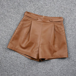 Lady Genuine Leather Sheepskin Leather Shorts Pants High Waist A-line Solid 2022 New TF4744