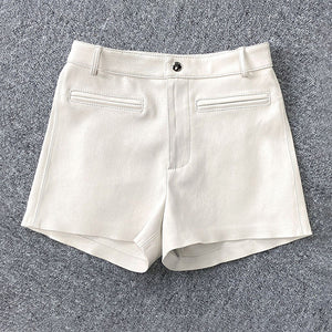 Lady Leather Shorts High Waist Fake Pocket Genuine Sheepskin Pants Snaps Daily Elastic 2022 Spring Autumn New TF4798