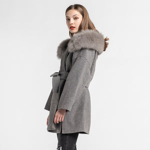 Women Winter Wool Grey Coat Real Fox Fur Hood Cashmere Jacket