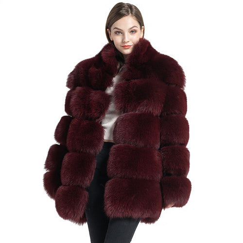 Real Fox Fur Women Coat Luxury Fur with Collar Jacket Winter Wine Red