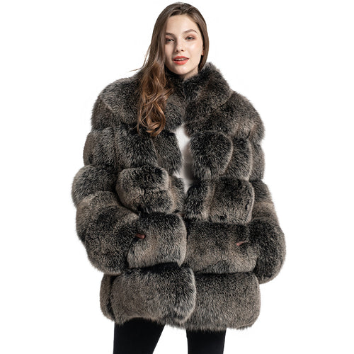 Women's Real Fox Fur Coat Thick Warm Fur Jacket Winter Black Frosted