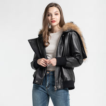 Load image into Gallery viewer, Women Black Hooded Down Coat Leather Jacket Raccoon Fur Collar Outwear