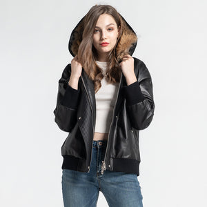 Women Black Hooded Down Coat Leather Jacket Raccoon Fur Collar Outwear