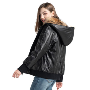 Women Black Hooded Down Coat Leather Jacket Raccoon Fur Collar Outwear