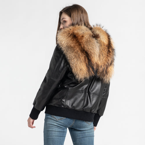 Women Black Hooded Down Coat Leather Jacket Raccoon Fur Collar Outwear