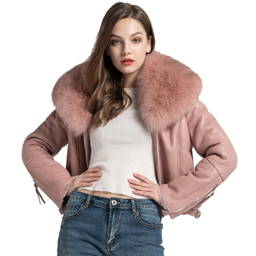 Genuine Leather Coat Real Fur Lined Coat Real Fox Fur Collar Pink Biker Jacket